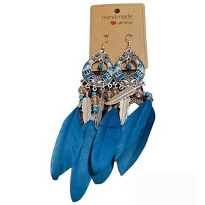 Handmade Upcycled Blue/Teal Colour Feather Earrings. Lot 1